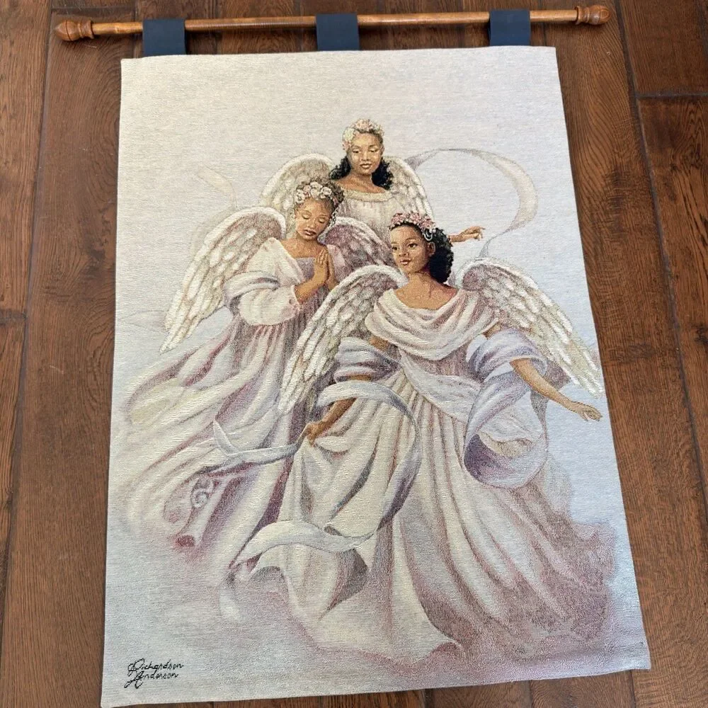 Angelic Trio Black Angels Woven Tapestry Wall Hanging Richardson Anderson w/ Rod